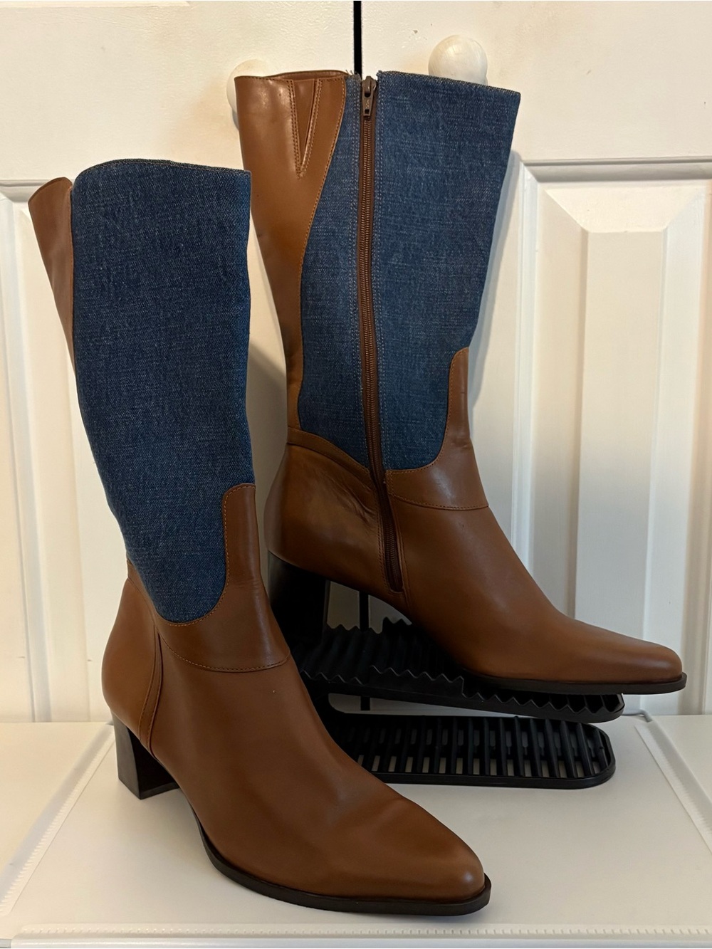 WORTHINGTON, Classic Two-Tone Brown Leather and Denim Mid-Calf Boot, NWOB